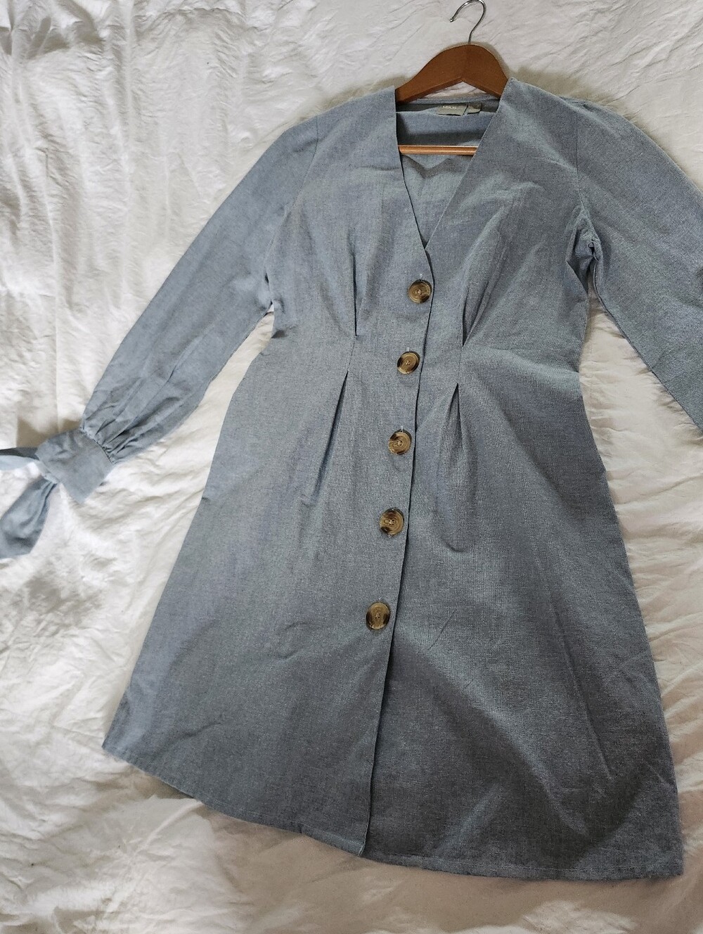 ASOS Blue Button-Front Long Sleeve Dress With Sleeve Ties